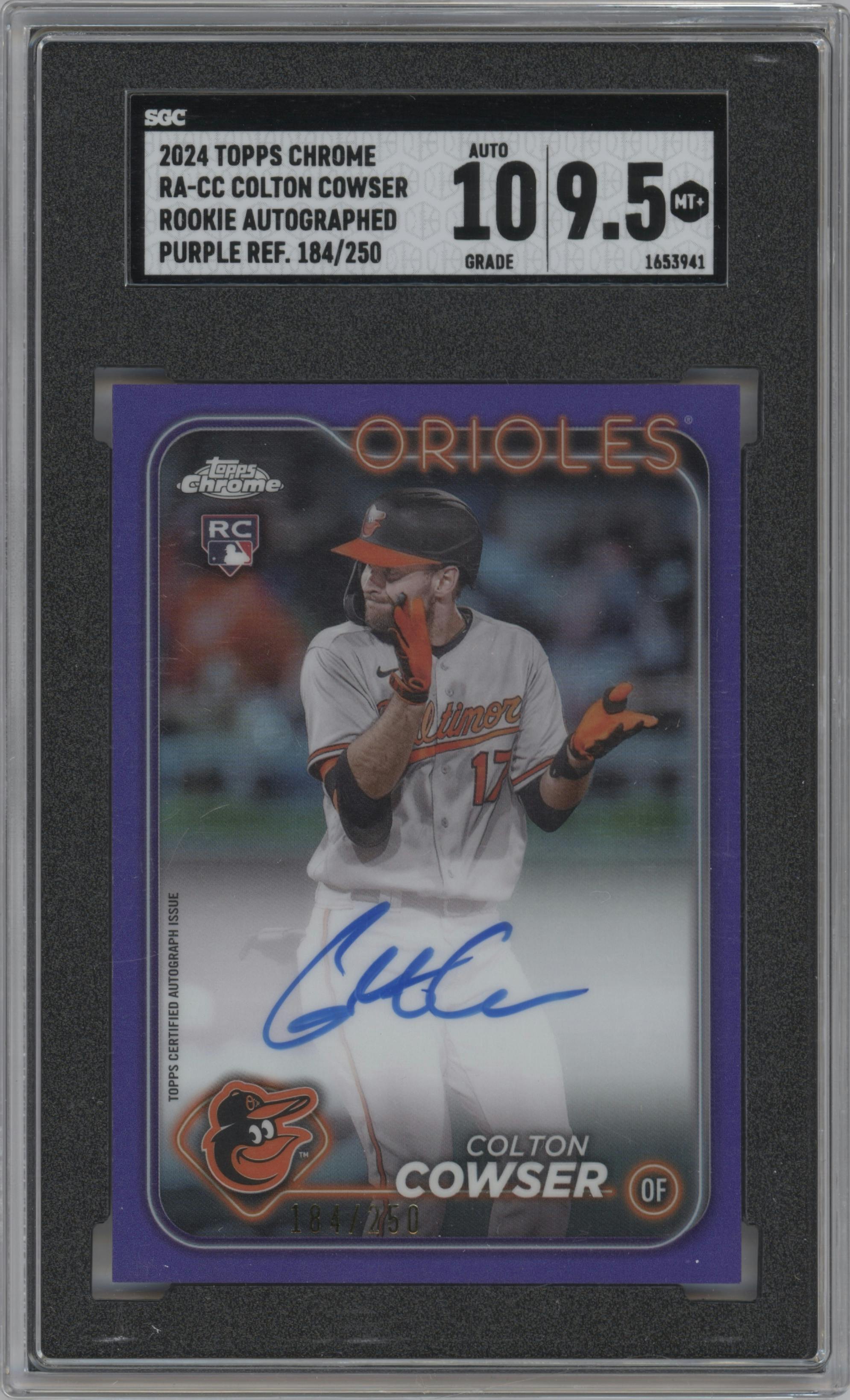 Colton Cowser from the 2024 Topps Chrome set featuring a Purple Refractor parallel graded by SGC and given an overall grade of 9.5.