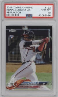 Ronald Acuna Jr. from the 2018 Topps Chrome set featuring a Refractor   parallel graded by PSA and given an overall grade of 10.