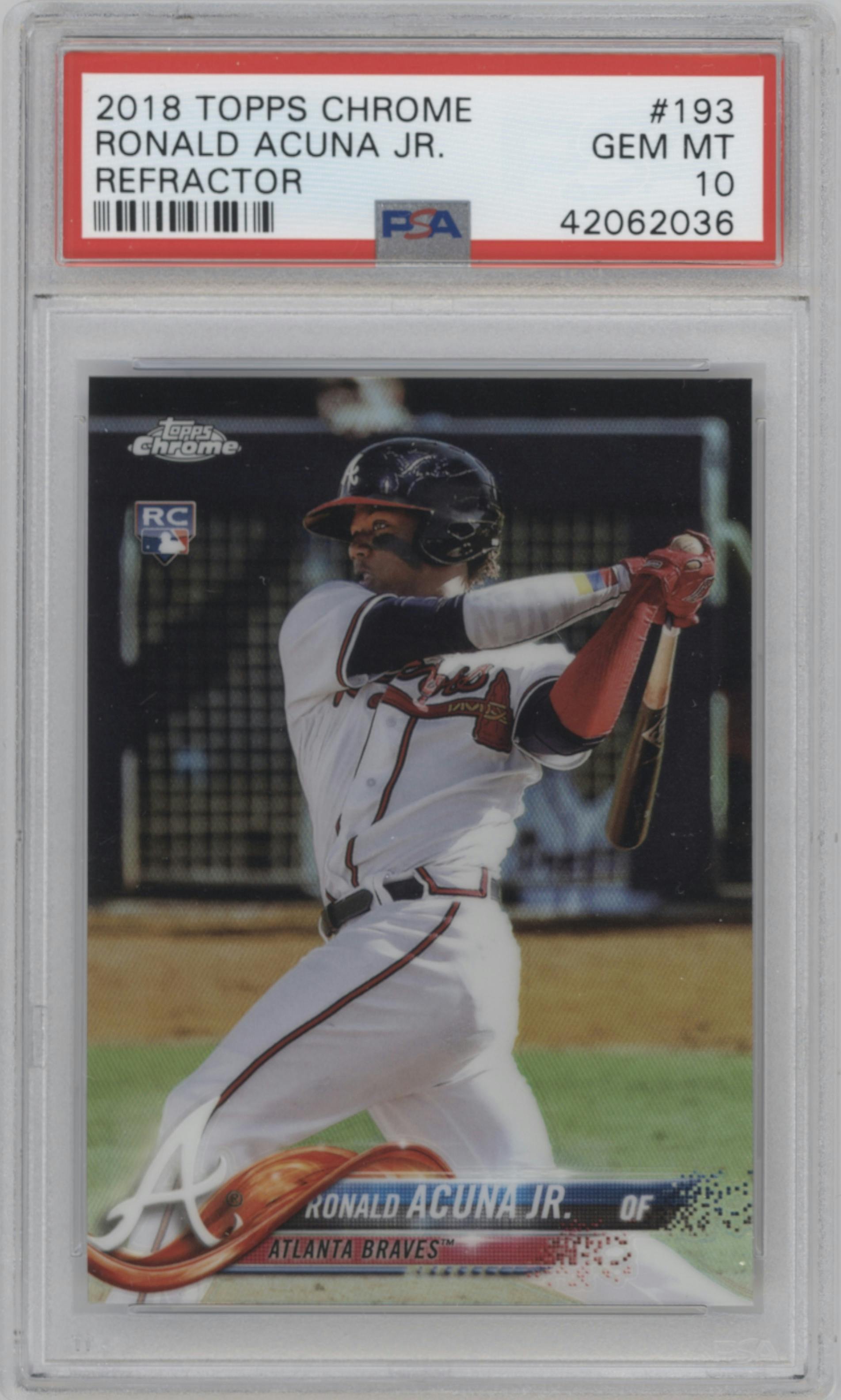 Ronald Acuna Jr. from the 2018 Topps Chrome set featuring a Refractor   parallel graded by PSA and given an overall grade of 10.
