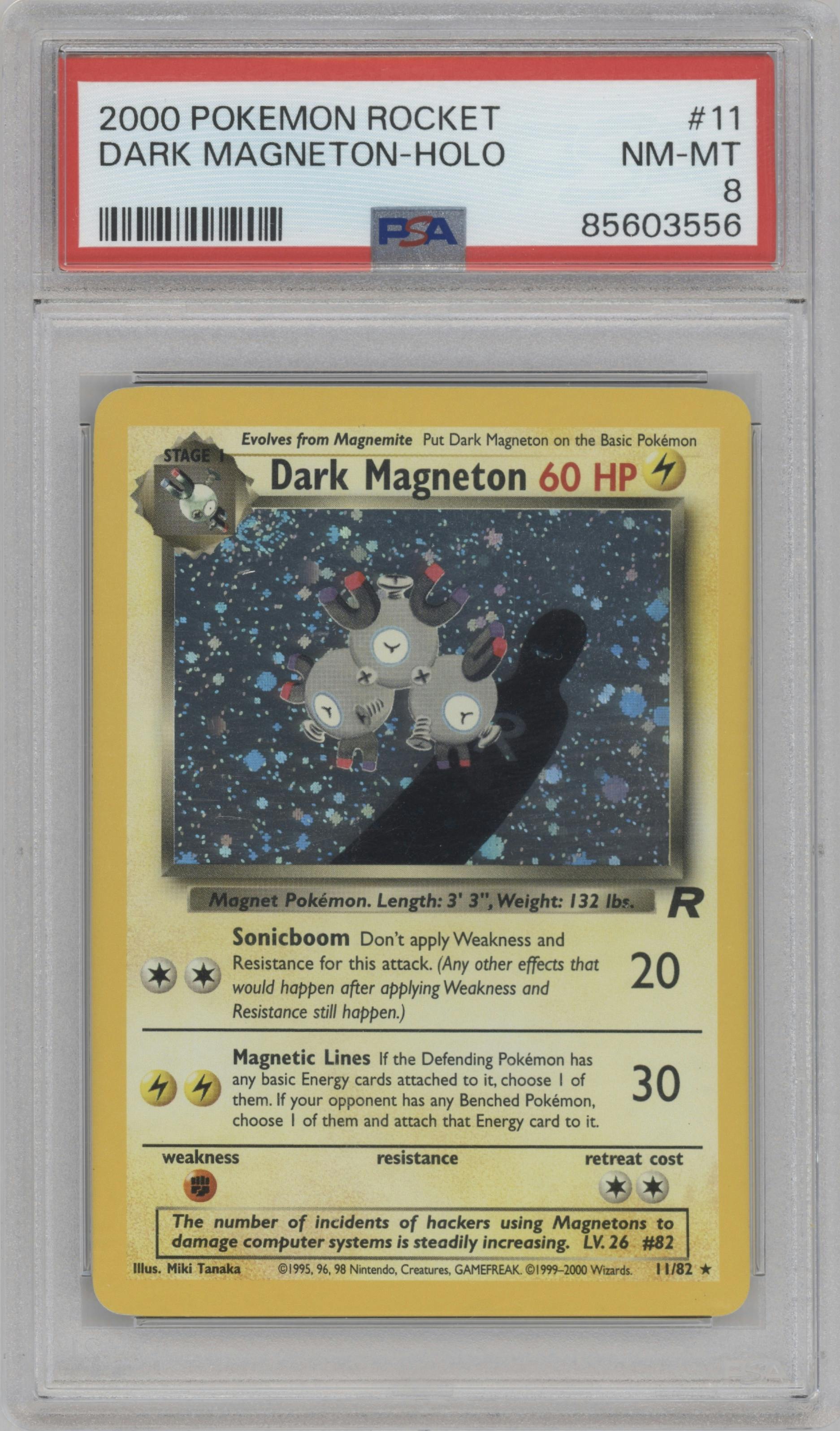 Dark Magneton from the 2000 Pokemon set graded by PSA and given an overall grade of 8.