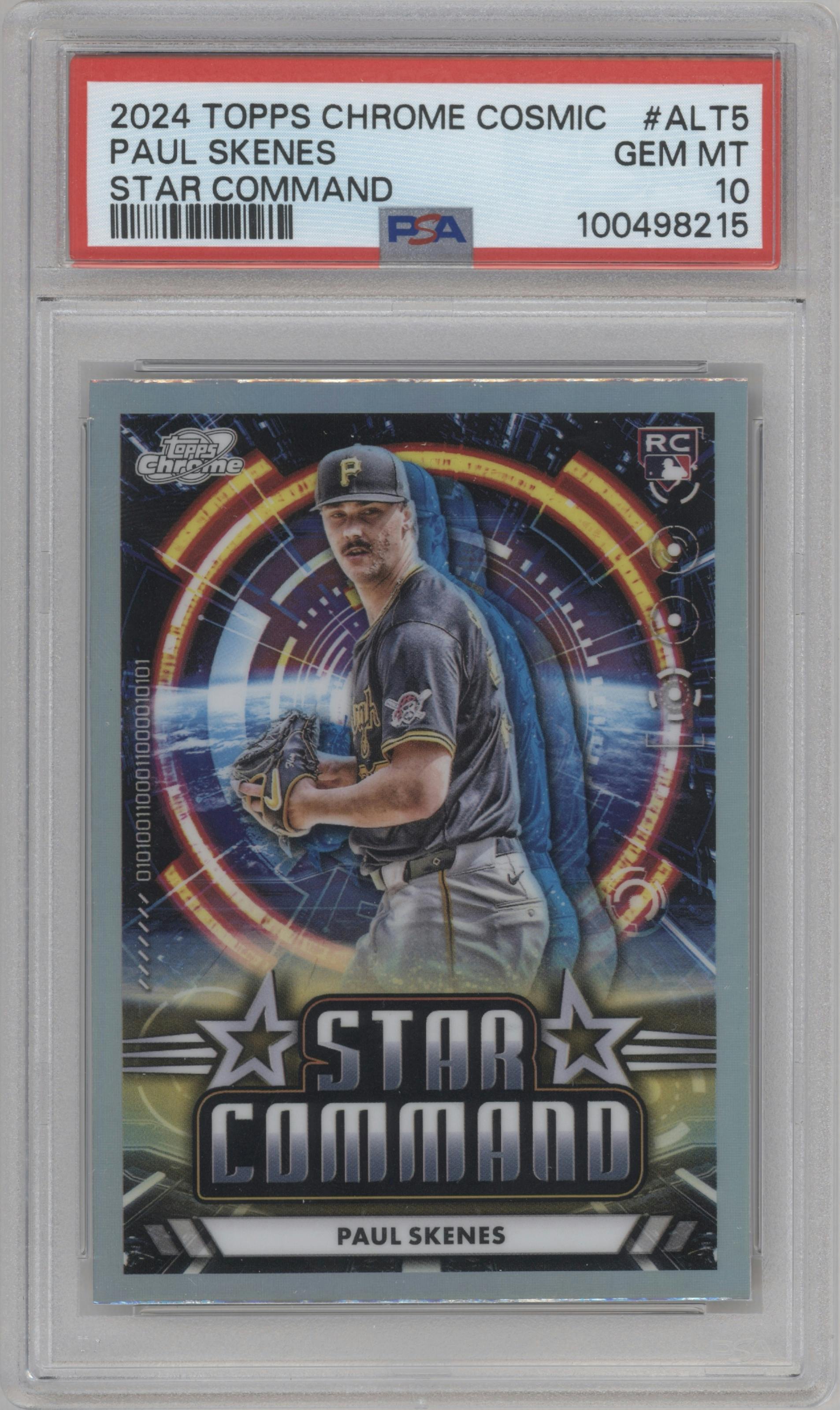 Paul Skenes from the 2024 Topps Cosmic Chrome set graded by PSA and given an overall grade of 10.