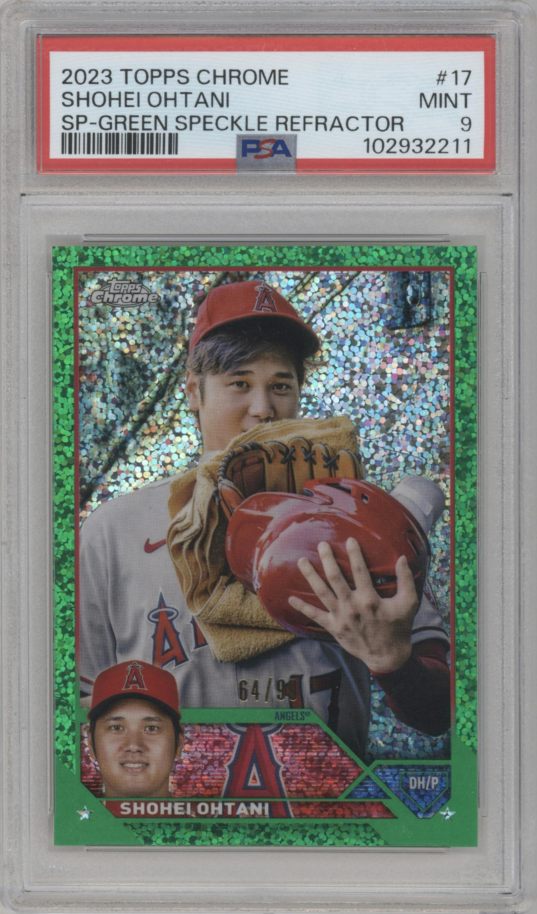 Shohei Ohtani from the 2023 Topps Chrome set featuring a Green Speckle Refractor parallel graded by PSA and given an overall grade of 9.