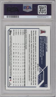 Shohei Ohtani from the 2023 Topps Chrome set featuring a Green Speckle Refractor parallel graded by PSA and given an overall grade of 9.
