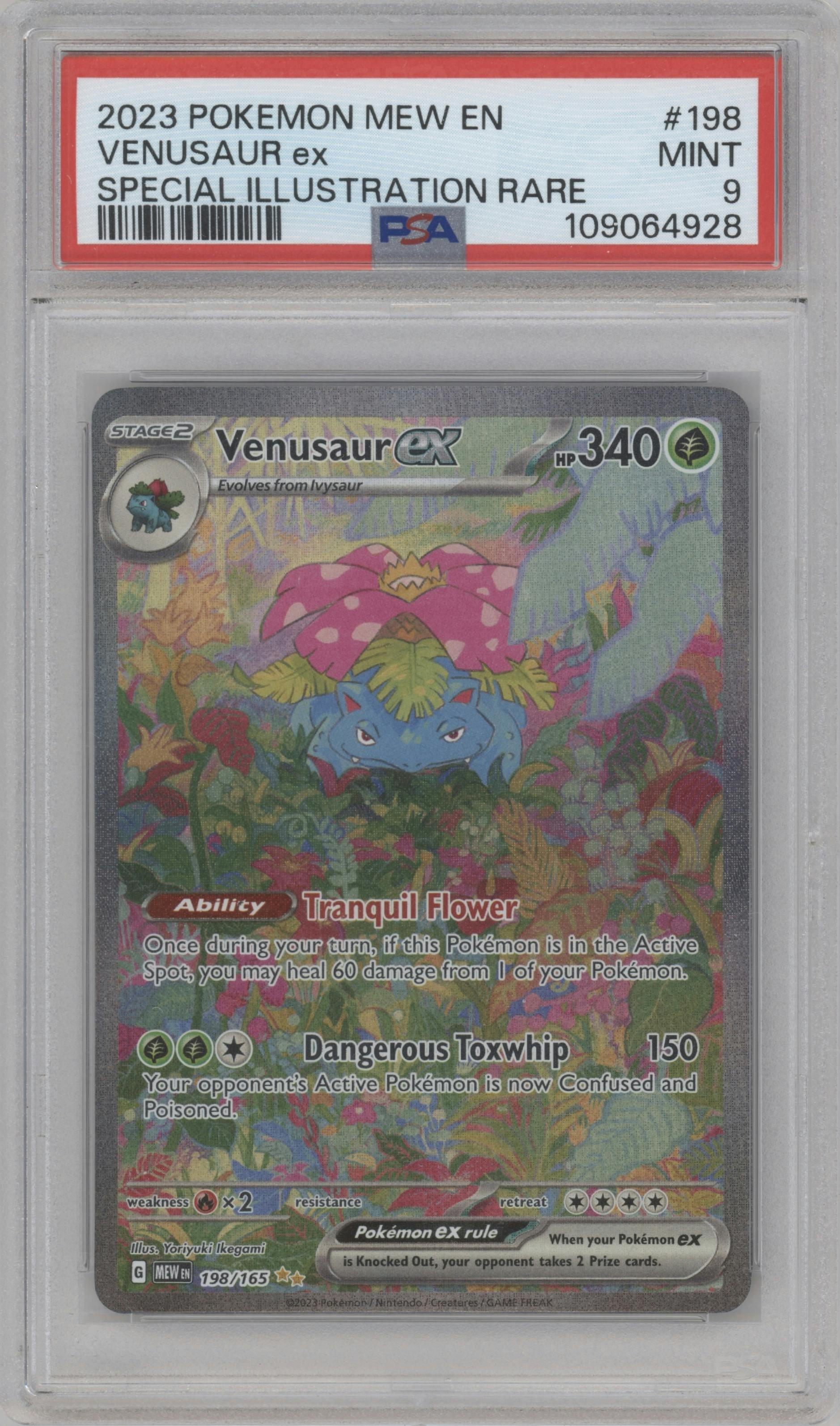 Venusaur ex from the 2023 Pokemon SV set graded by PSA and given an overall grade of 9.
