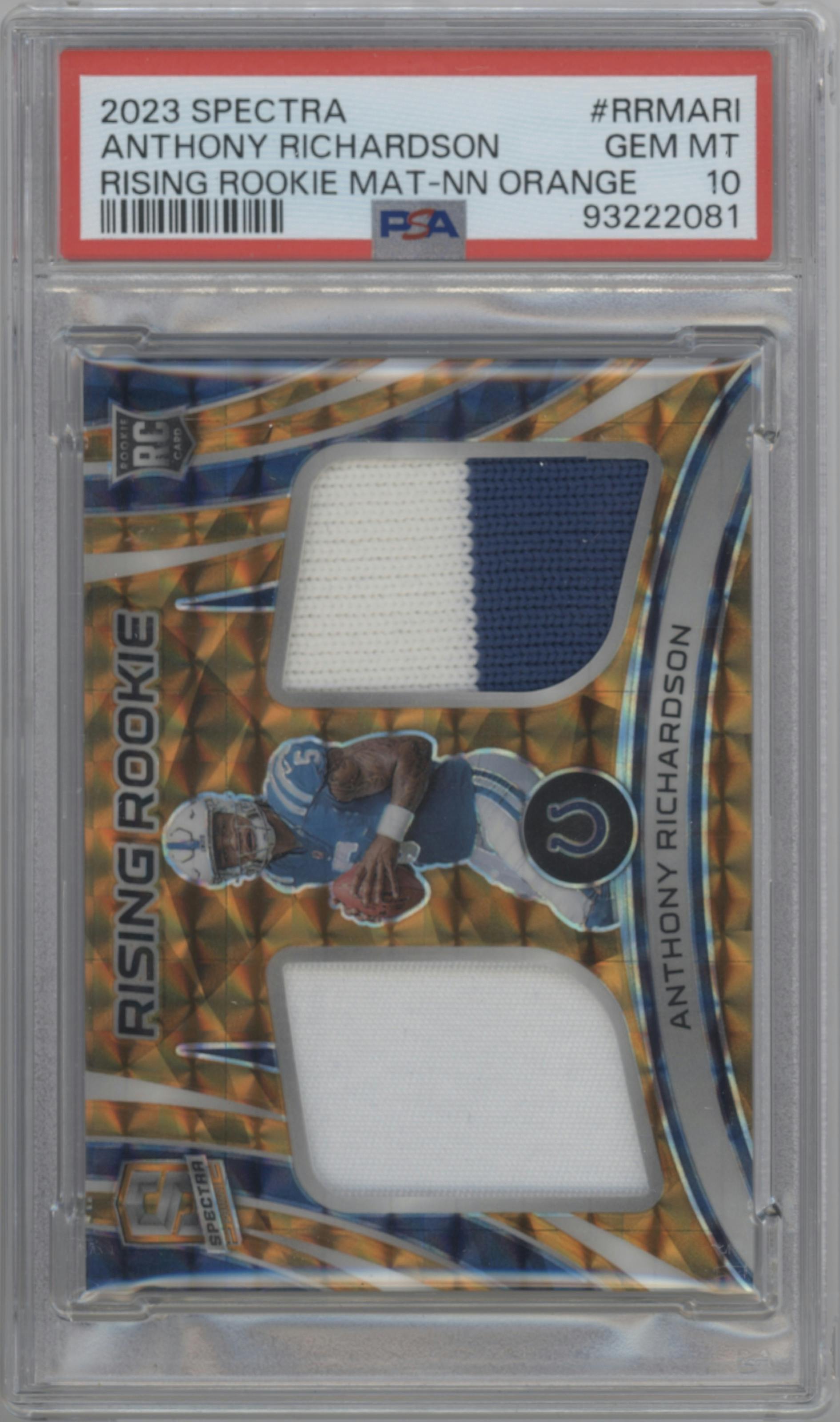 Anthony Richardson from the 2023 Panini Spectra set featuring a Neon Orange parallel graded by PSA and given an overall grade of 10.