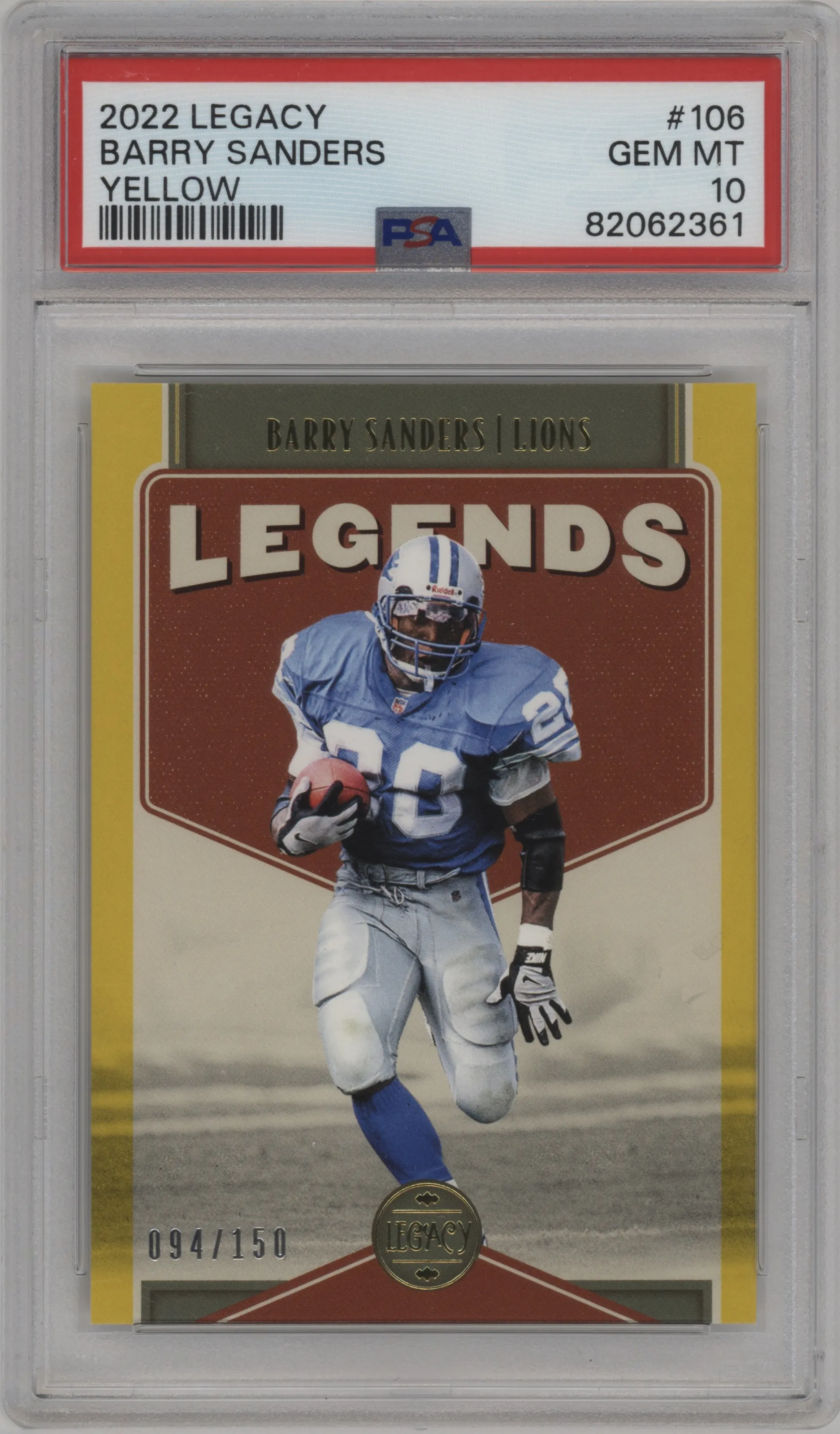 2022 Panini Legacy Barry Sanders Yellow #106 PSA 10