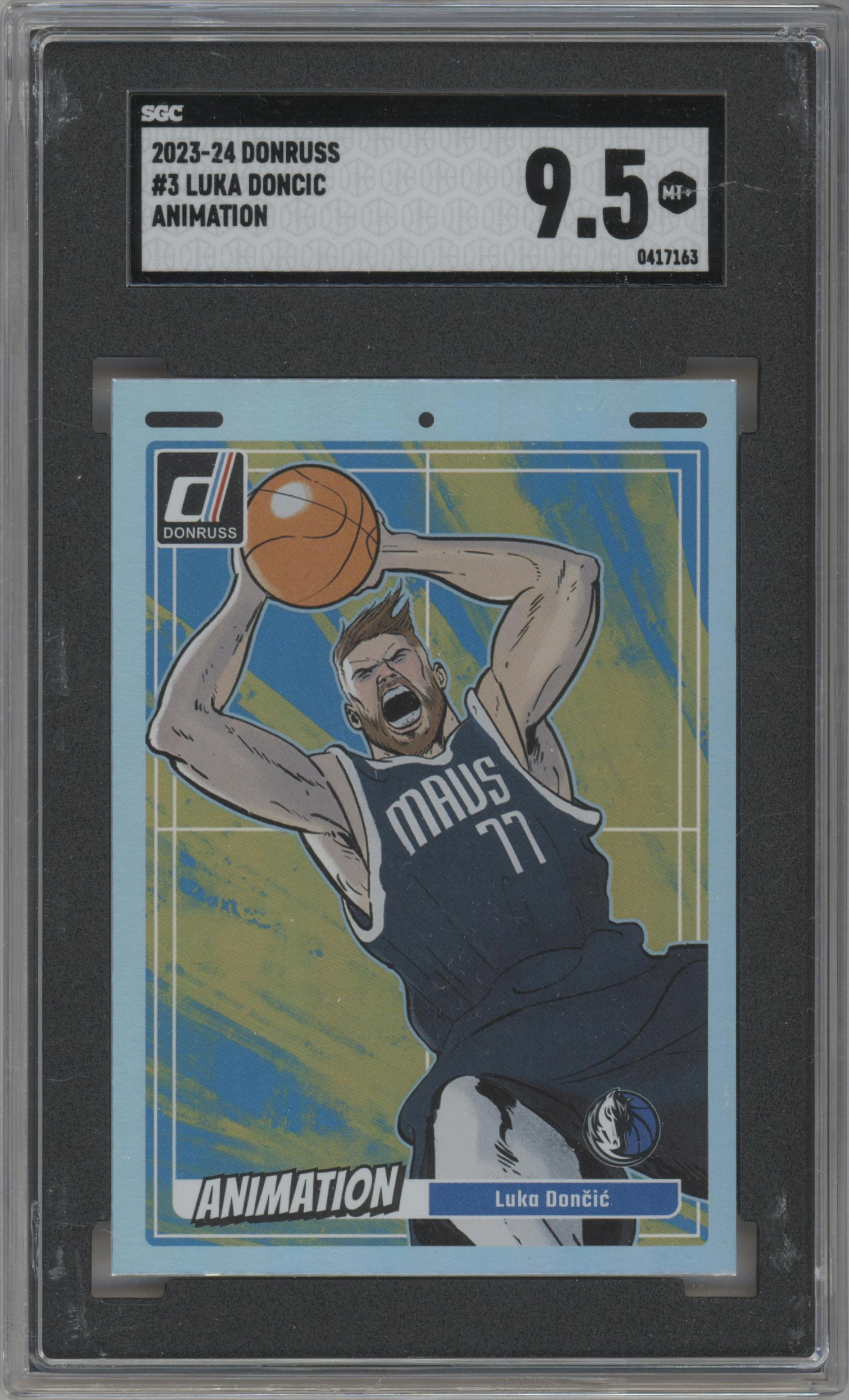 Luka Doncic  from the 2023-24 Panini Donruss set graded by SGC and given an overall grade of 9.5.
