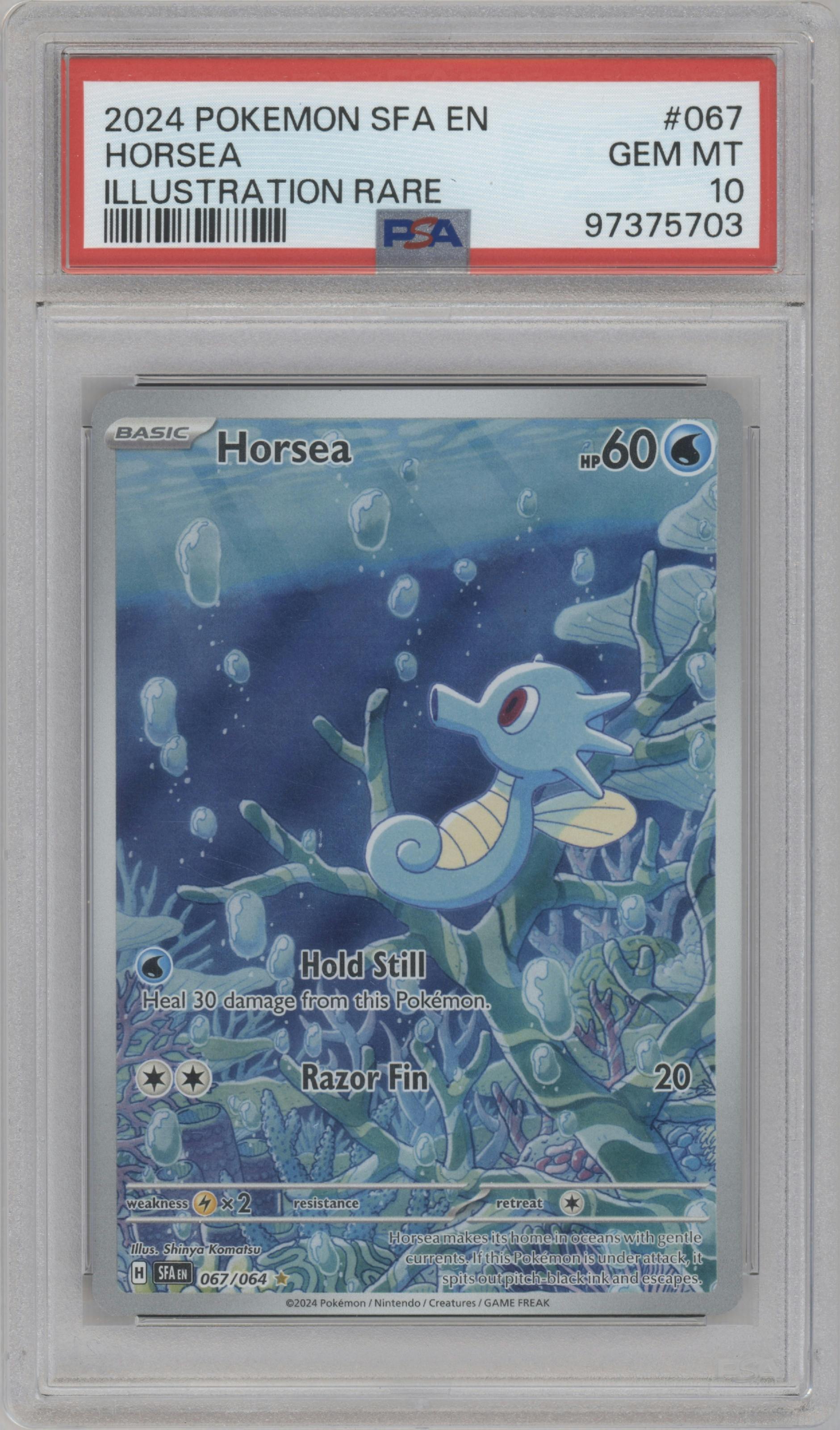 Horsea from the 2024 Pokemon SV set graded by PSA and given an overall grade of 10.