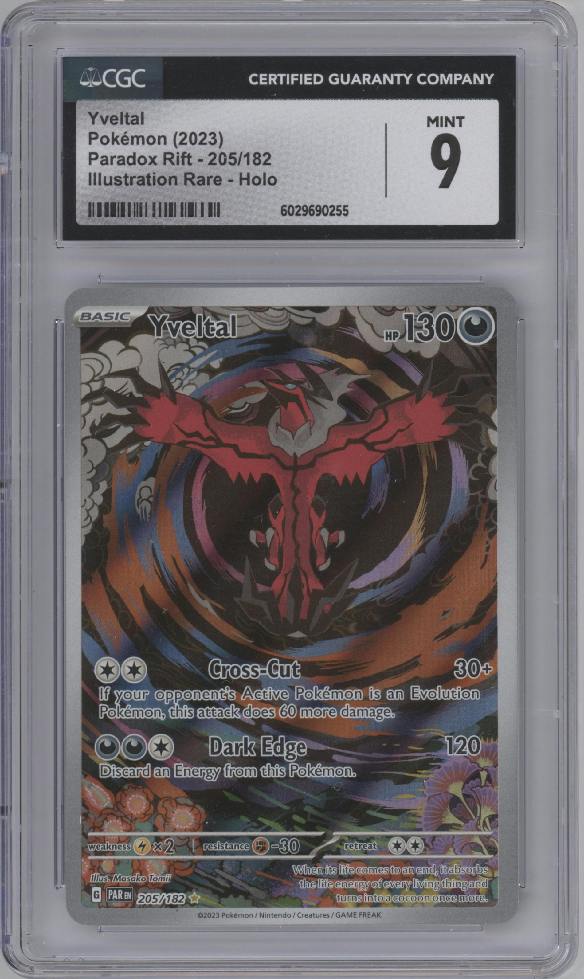 Yveltal from the 2023 Pokemon SV set graded by CSG and given an overall grade of 9.