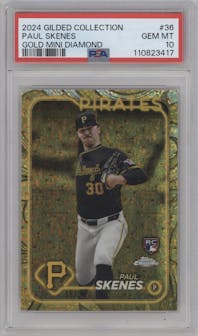 Paul Skenes from the 2024 Topps Gilded Collection set featuring a Mini-Diamond Gold Refractor parallel graded by PSA and given an overall grade of 10.