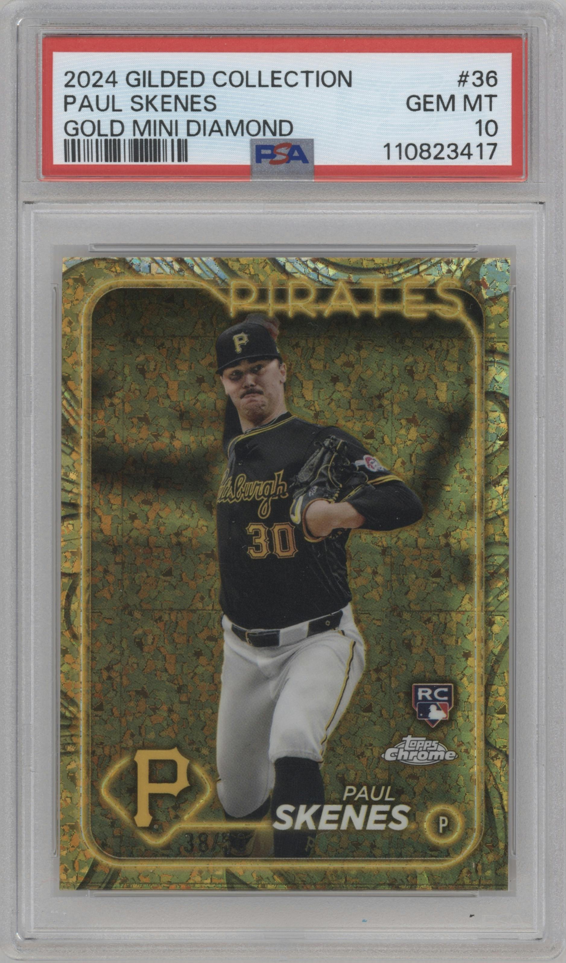 Paul Skenes from the 2024 Topps Gilded Collection set featuring a Mini-Diamond Gold Refractor parallel graded by PSA and given an overall grade of 10.
