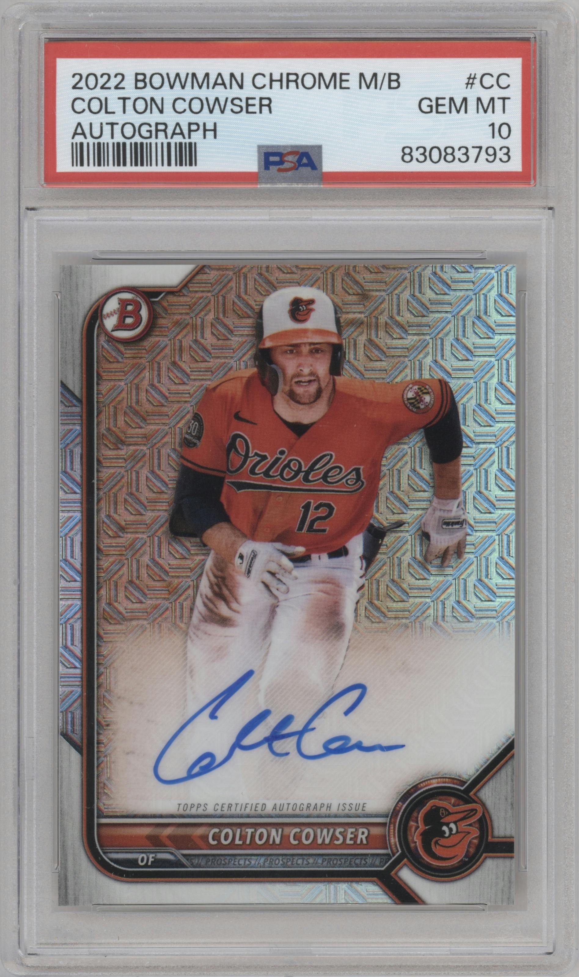Colton Cowser from the 2022 Bowman Chrome Mega Box set graded by PSA and given an overall grade of 10.