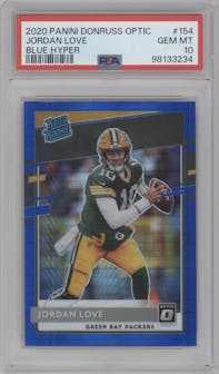 Jordan Love from the 2020 Panini Donruss Optic set featuring a Hyper Blue  parallel graded by PSA and given an overall grade of 10.
