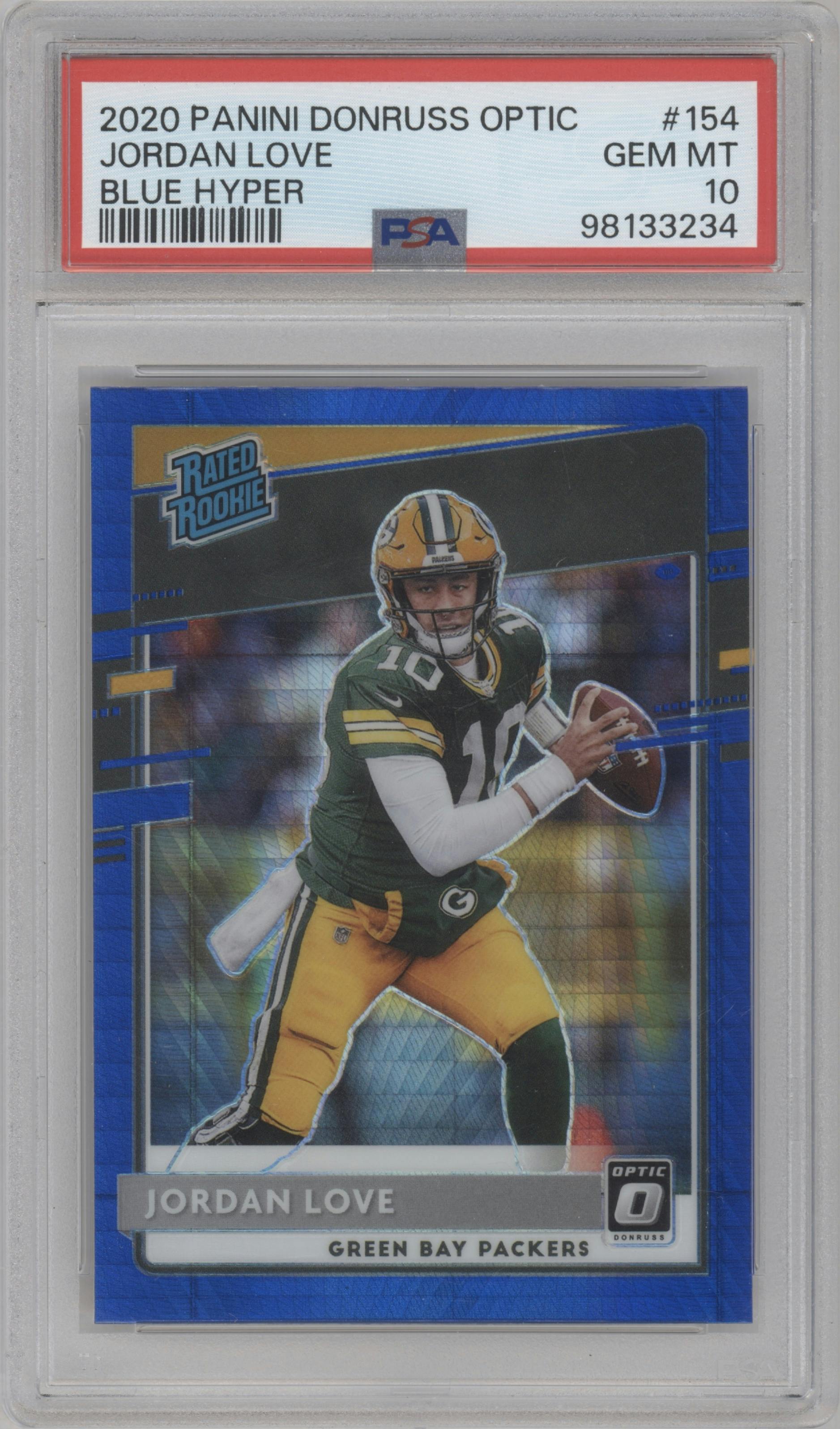 Jordan Love from the 2020 Panini Donruss Optic set featuring a Hyper Blue  parallel graded by PSA and given an overall grade of 10.