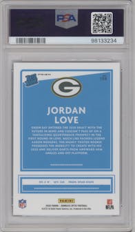 Jordan Love from the 2020 Panini Donruss Optic set featuring a Hyper Blue  parallel graded by PSA and given an overall grade of 10.