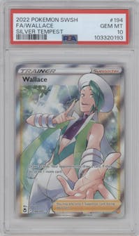 Wallace from the 2022 Pokemon SWSH set graded by PSA and given an overall grade of 10.
