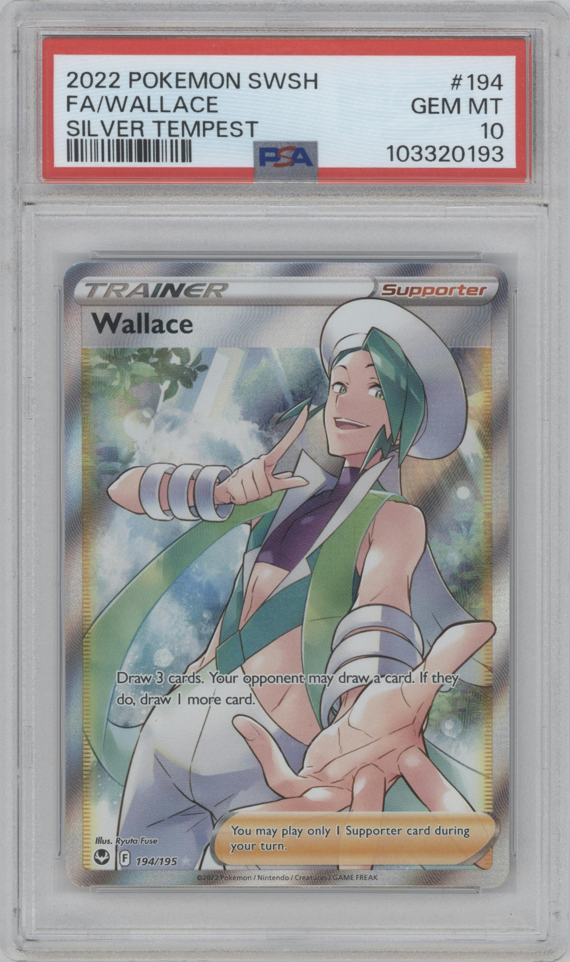 Wallace from the 2022 Pokemon SWSH set graded by PSA and given an overall grade of 10.