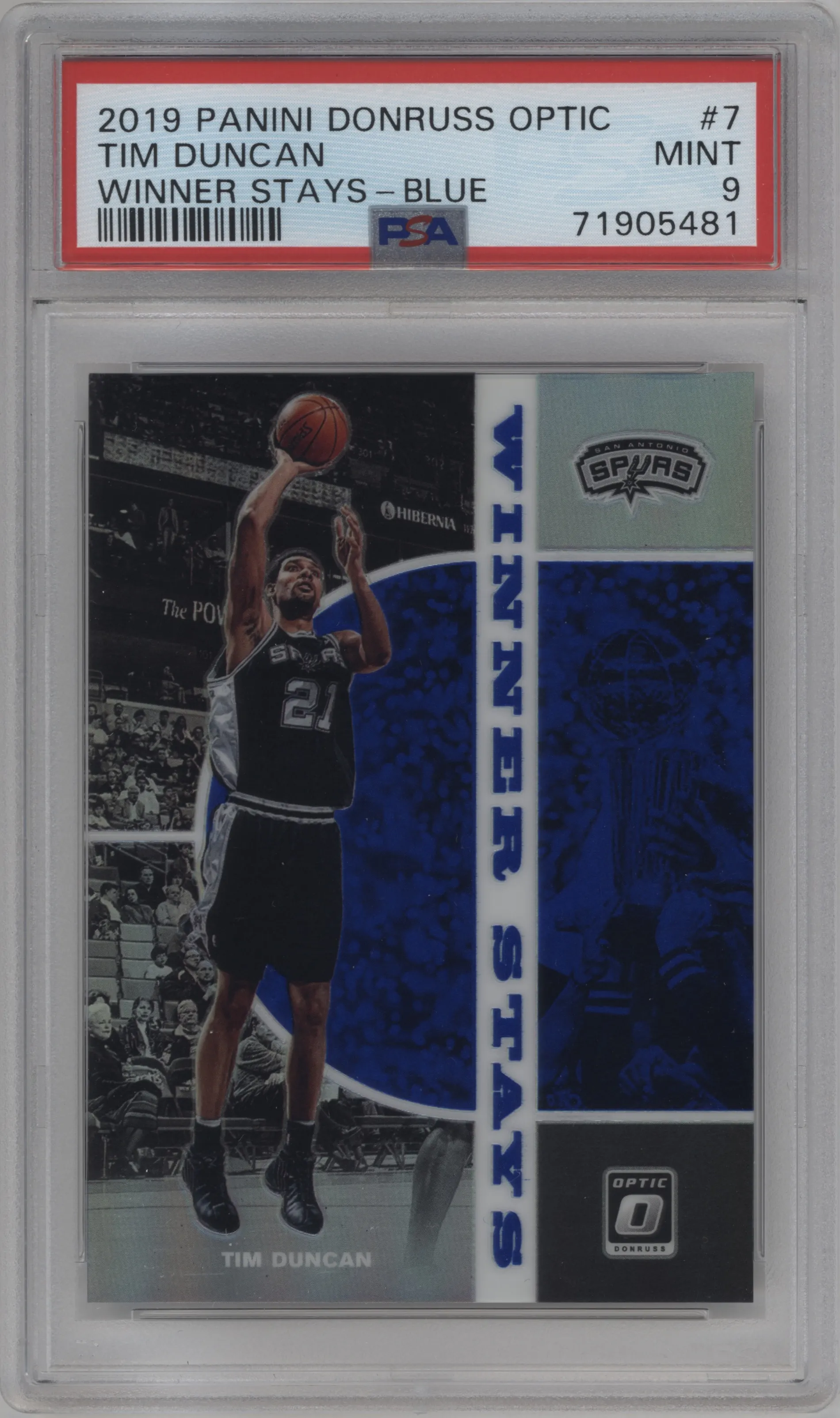 2019 Panini Donruss Optic Winner Stays Tim Duncan Blue #7 PSA 9