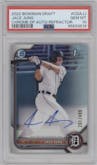 Jace Jung from the 2022 Bowman Draft set featuring a Refractor parallel graded by PSA and given an overall grade of 10.