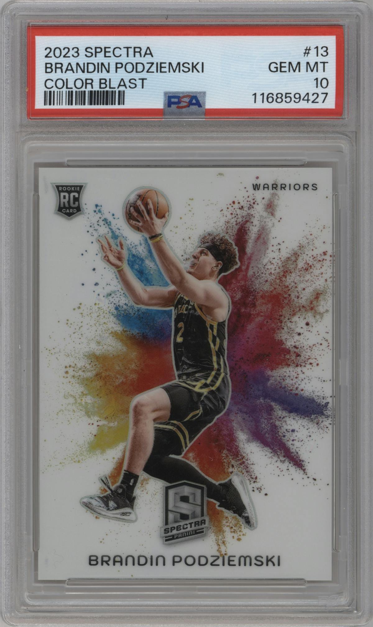 Brandin Podziemski from the 2023-24 Panini Spectra set graded by PSA and given an overall grade of 10.
