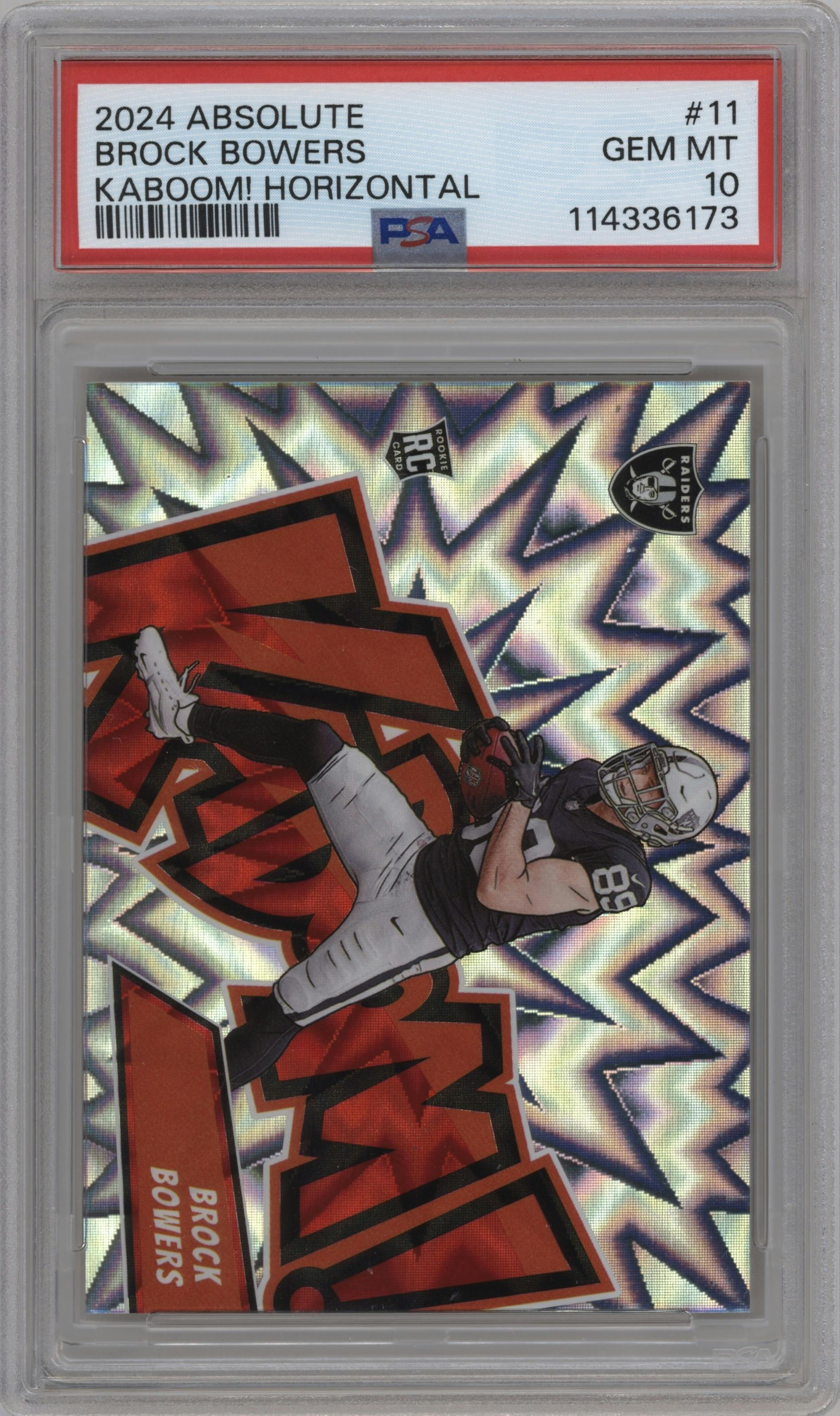 Brock Bowers from the 2024 Panini Absolute set graded by PSA and given an overall grade of 10.