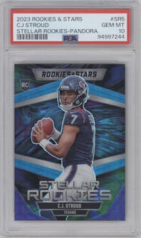 C.J. Stroud from the 2023 Panini Rookies & Stars set featuring a Pandora parallel graded by PSA and given an overall grade of 10.