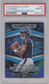 C.J. Stroud from the 2023 Panini Rookies & Stars set featuring a Pandora parallel graded by PSA and given an overall grade of 10.