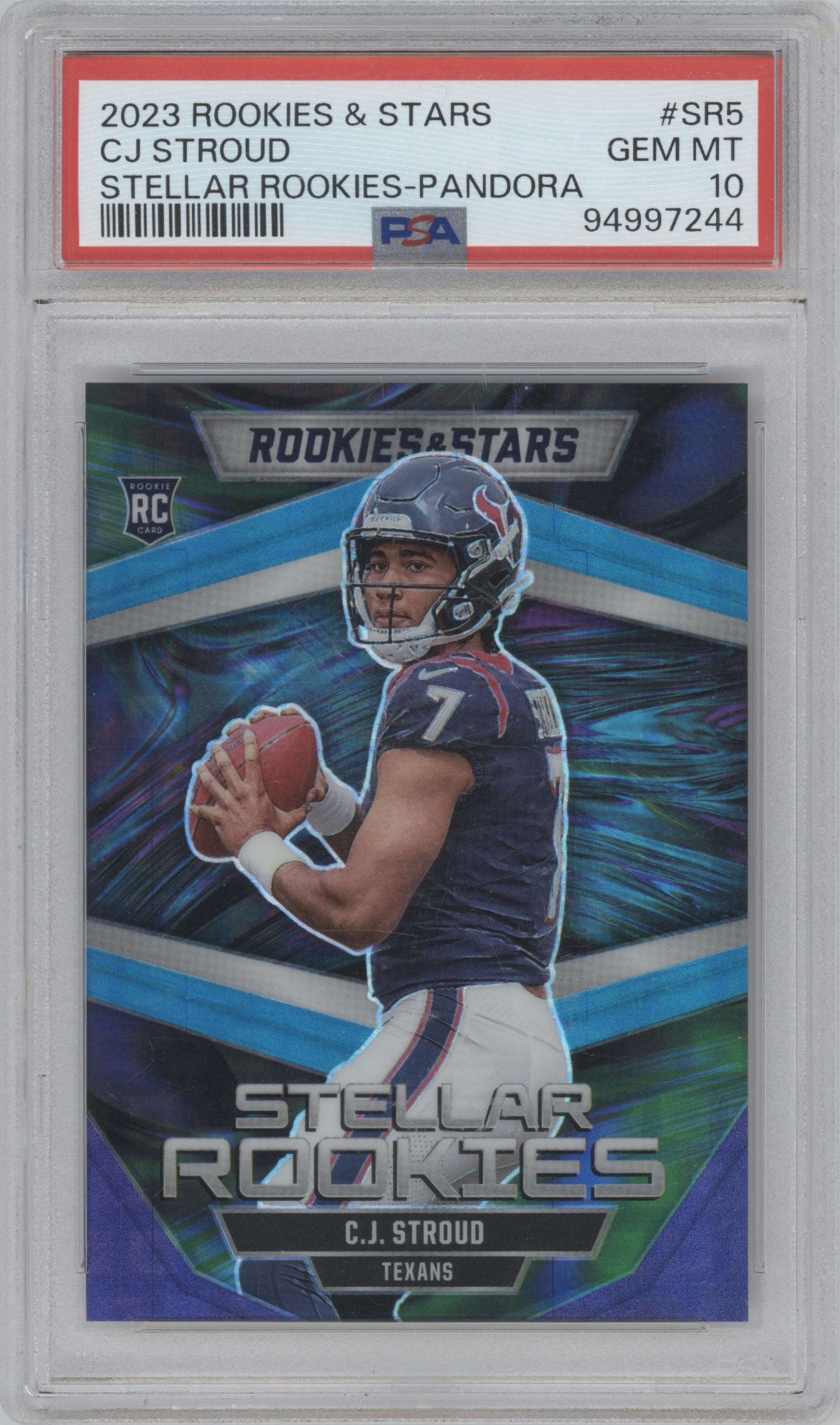 C.J. Stroud from the 2023 Panini Rookies & Stars set featuring a Pandora parallel graded by PSA and given an overall grade of 10.