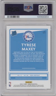 Tyrese Maxey from the 2020-21 Panini Donruss set featuring a Purple Laser parallel graded by PSA and given an overall grade of 10.