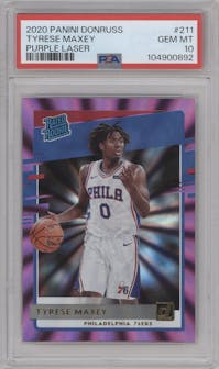 Tyrese Maxey from the 2020-21 Panini Donruss set featuring a Purple Laser parallel graded by PSA and given an overall grade of 10.