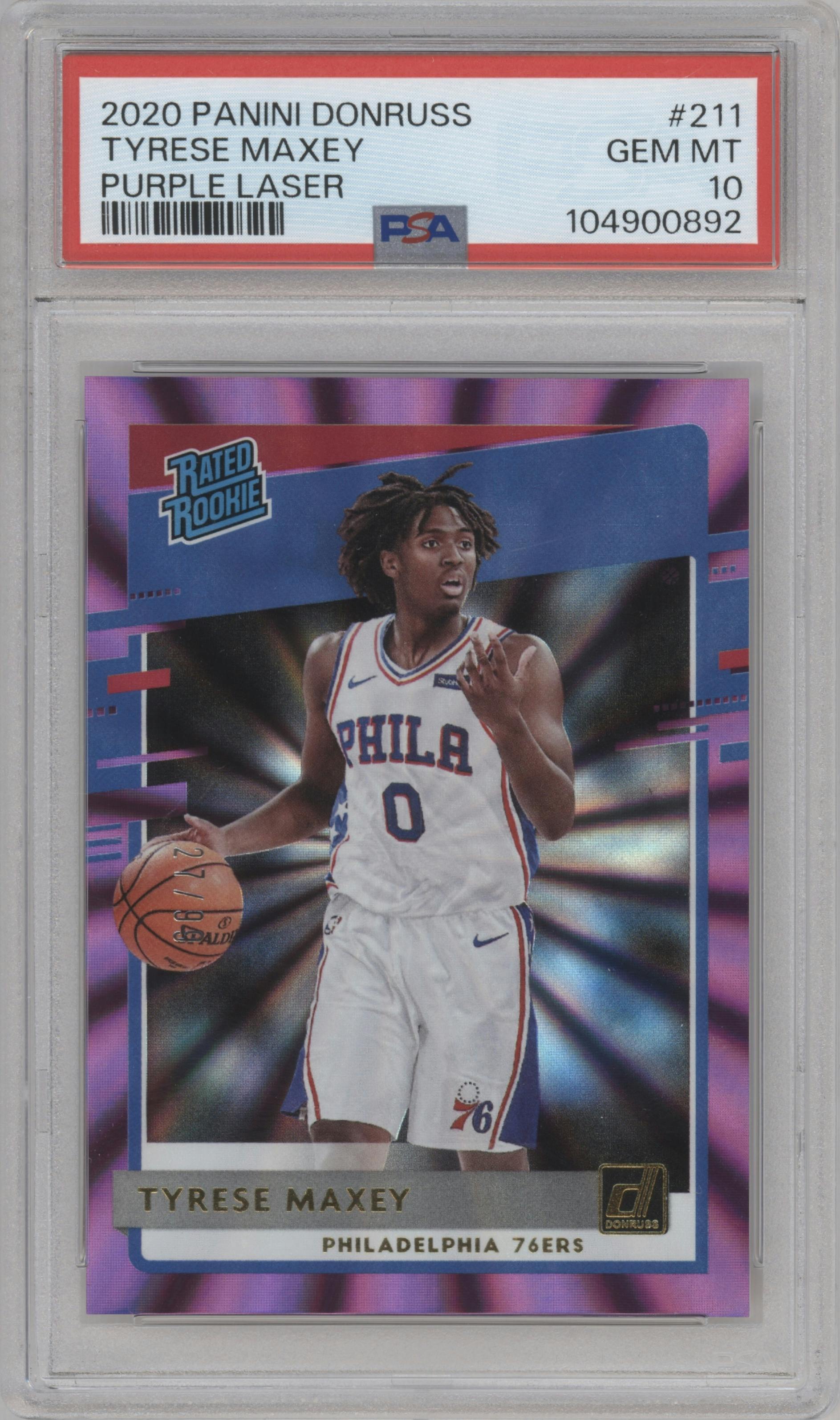 Tyrese Maxey from the 2020-21 Panini Donruss set featuring a Purple Laser parallel graded by PSA and given an overall grade of 10.