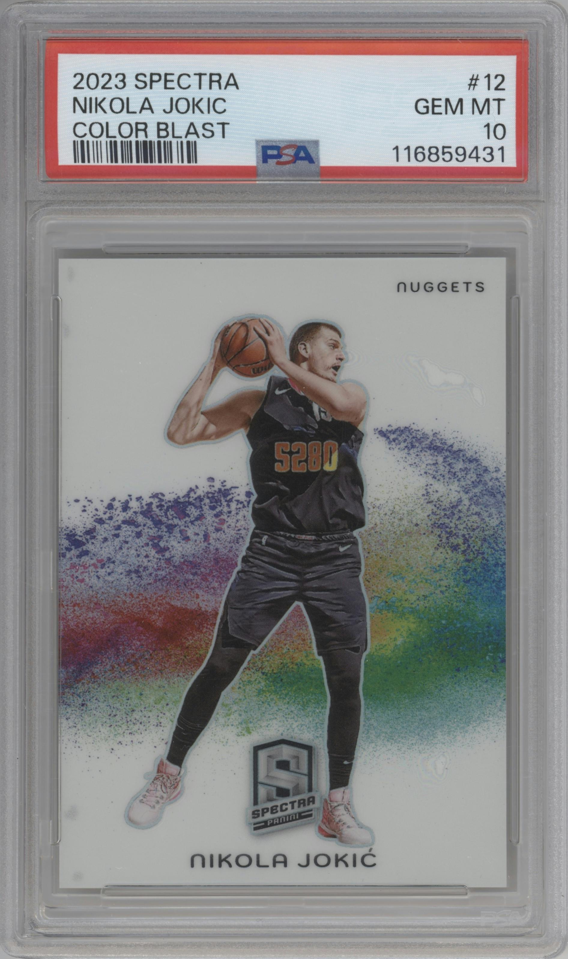 Nikola Jokic from the 2023-24 Panini Spectra set graded by PSA and given an overall grade of 10.