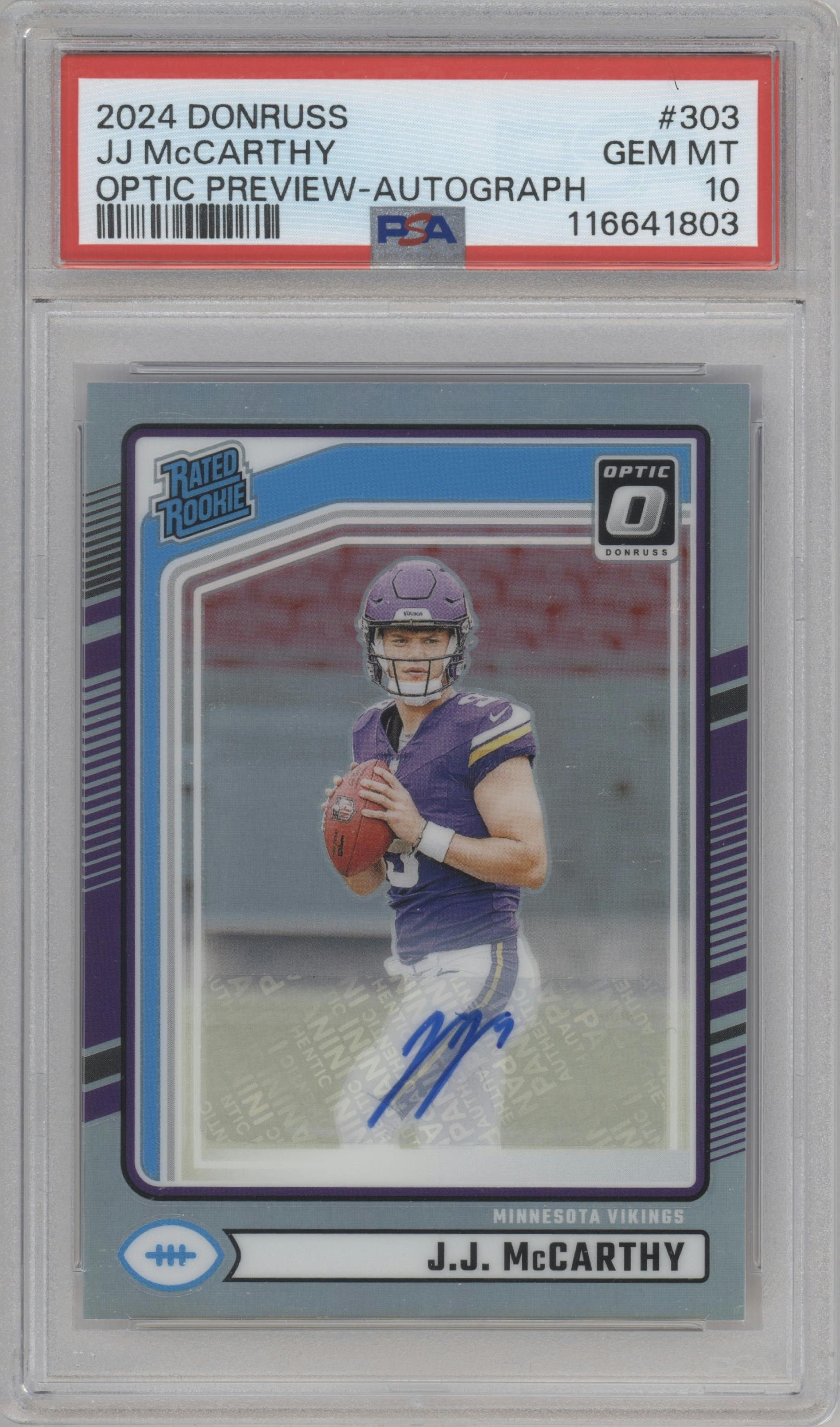 J.J. McCarthy from the 2024 Donruss set graded by PSA and given an overall grade of 10.