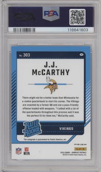 J.J. McCarthy from the 2024 Donruss set graded by PSA and given an overall grade of 10.