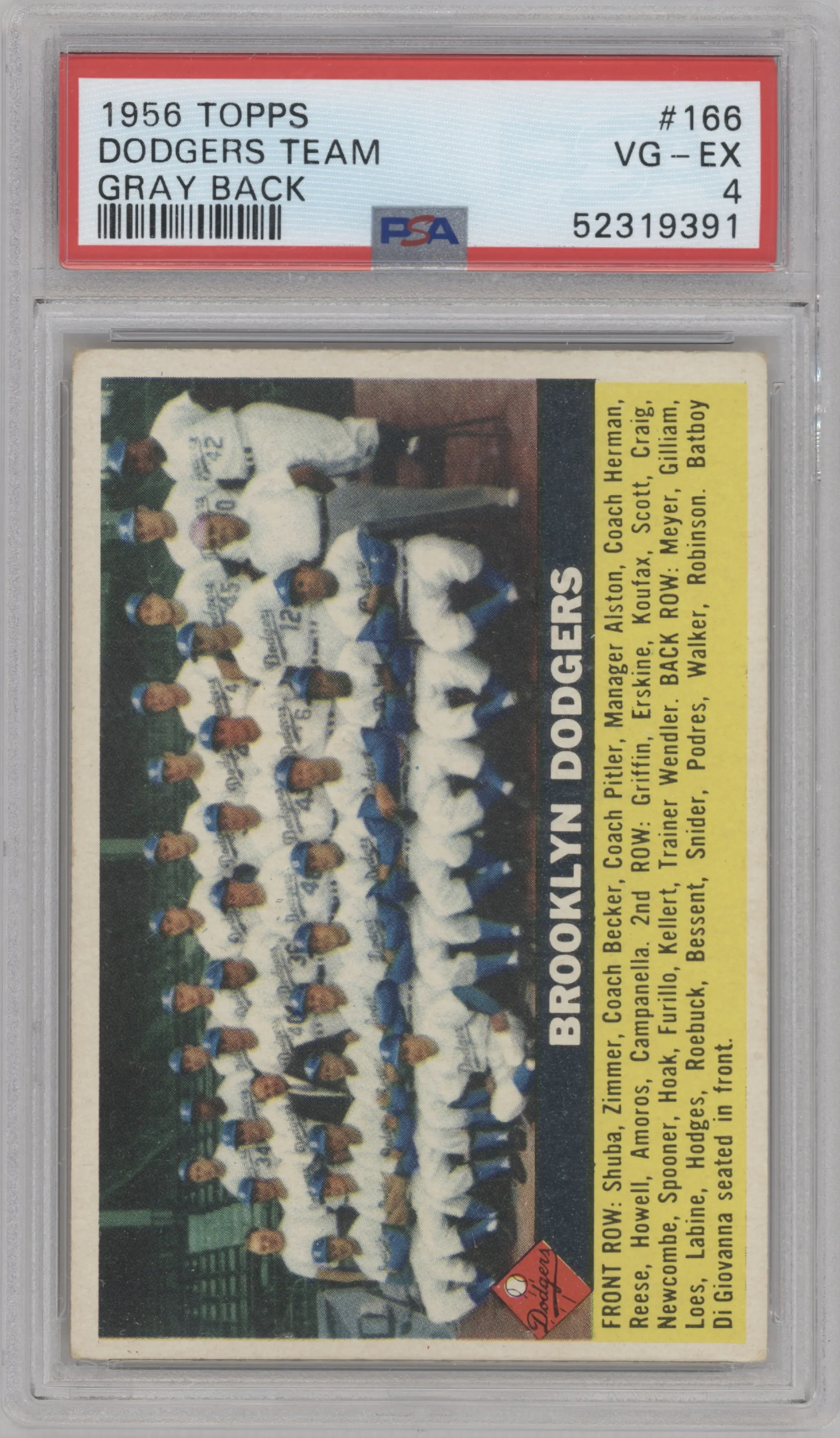1956 Topps Brooklyn Dodgers Team Gray Back PSA 4