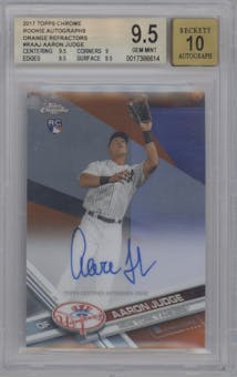 Aaron Judge from the 2017 Topps Chrome set featuring a Orange Refractor parallel graded by Beckett and given an overall grade of 9.5.