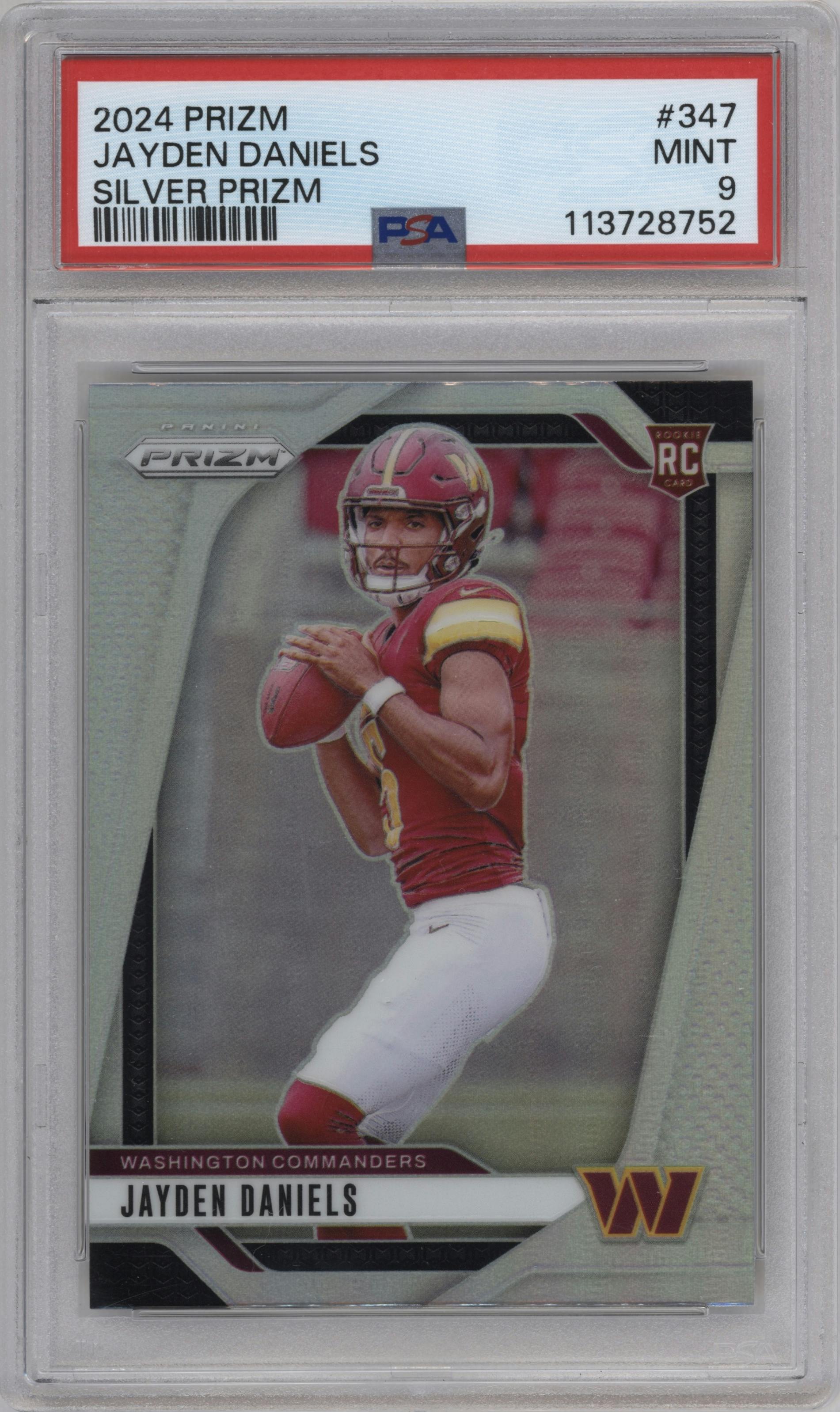 Jayden Daniels from the 2024 Panini Prizm set featuring a Silver Prizm parallel graded by PSA and given an overall grade of 9.