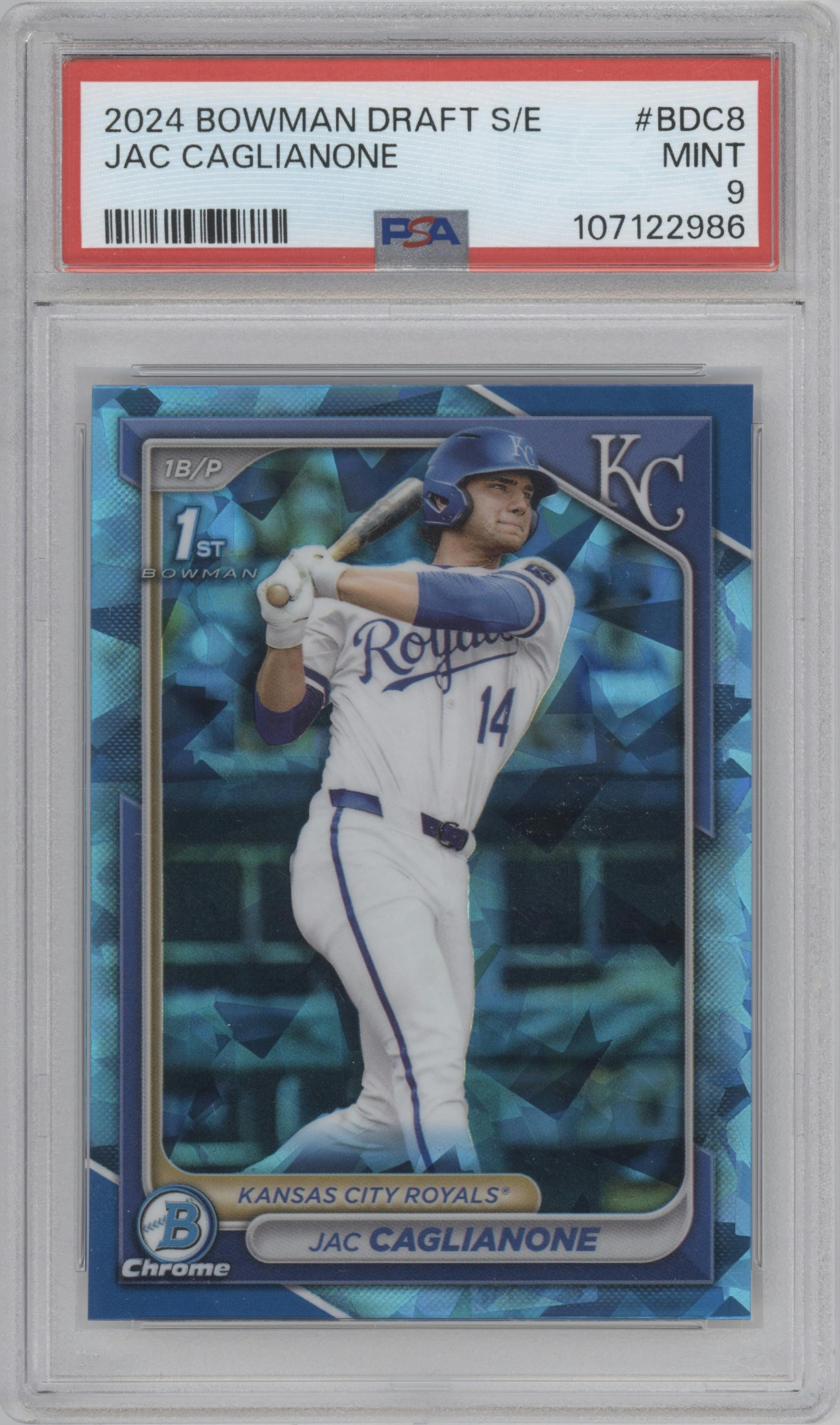 Jac Caglianone from the 2024 Bowman Draft Sapphire Edition set graded by PSA and given an overall grade of 9.