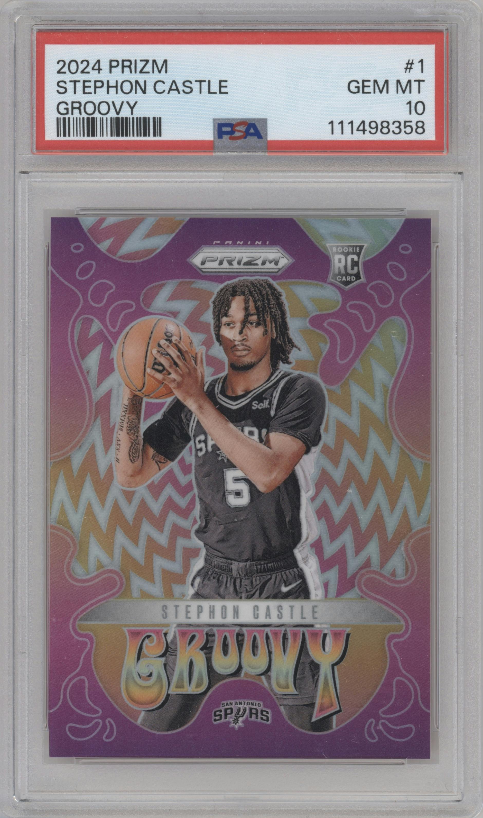 Stephon Castle from the 2024-25 Panini Prizm set graded by PSA and given an overall grade of 10.