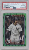 Juan Soto from the 2024 Topps Chrome Update set featuring a Green RayWave Refractors parallel graded by PSA and given an overall grade of 10.