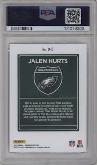 Jalen Hurts from the 2023 Panini Donruss set graded by PSA and given an overall grade of 9.