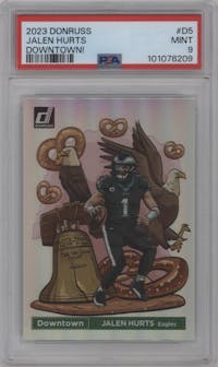 Jalen Hurts from the 2023 Panini Donruss set graded by PSA and given an overall grade of 9.