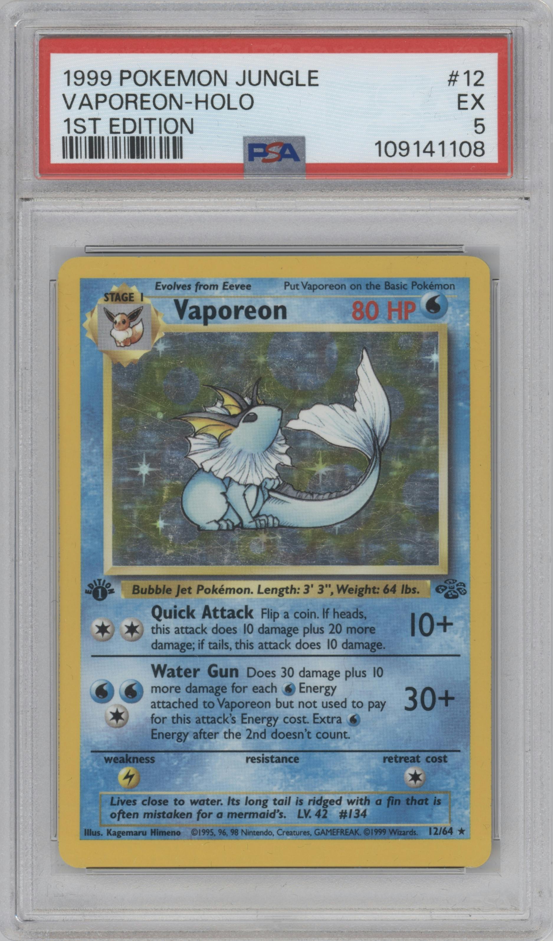 Vaporeon from the 1999 Pokemon set graded by PSA and given an overall grade of 5.