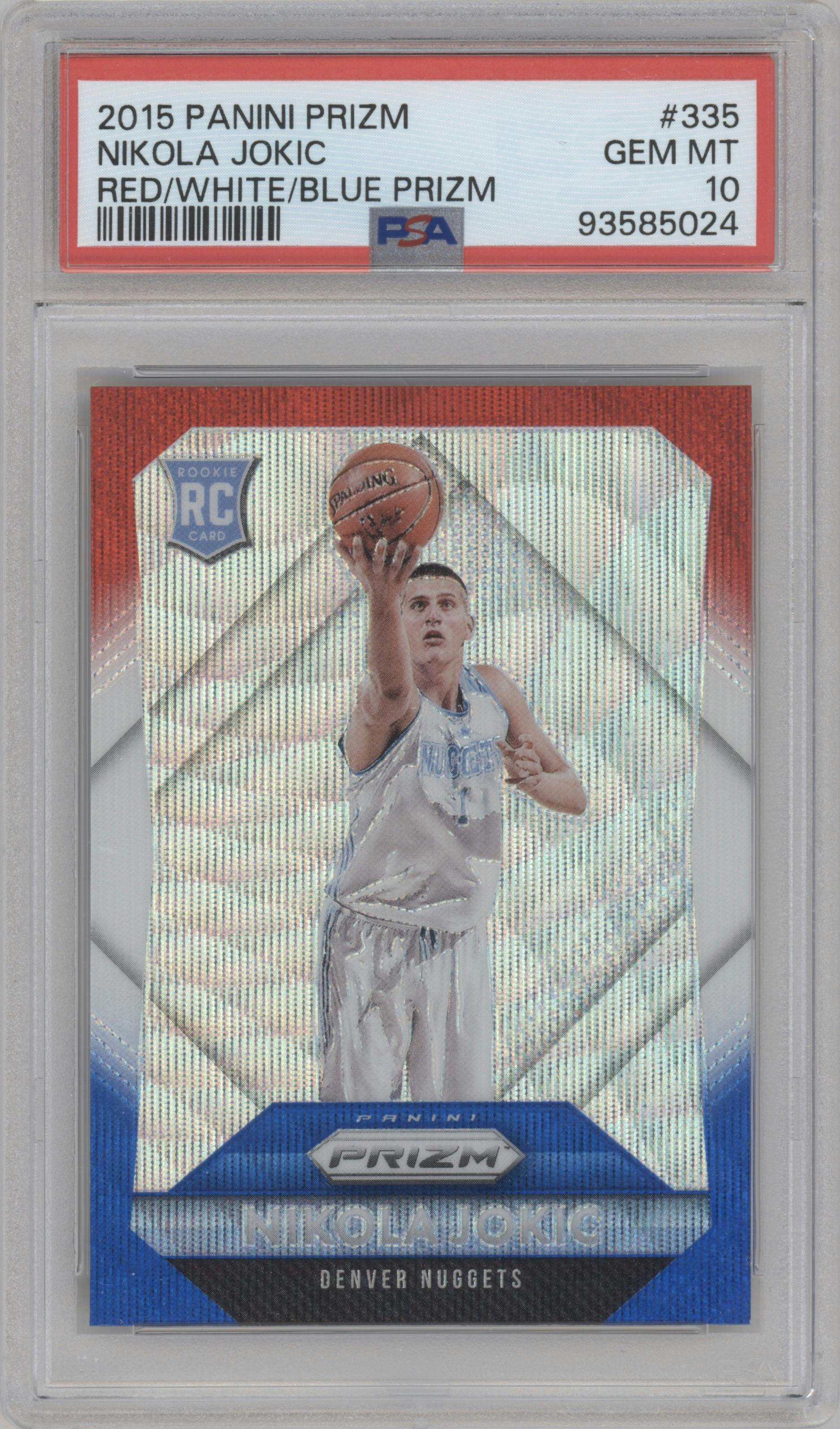 Nikola Jokic from the 2015-16 Panini Prizm  set featuring a Red/White/Blue Prizm parallel graded by PSA and given an overall grade of 10.