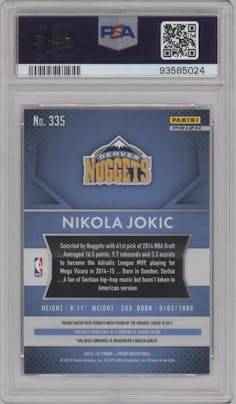 Nikola Jokic from the 2015-16 Panini Prizm  set featuring a Red/White/Blue Prizm parallel graded by PSA and given an overall grade of 10.