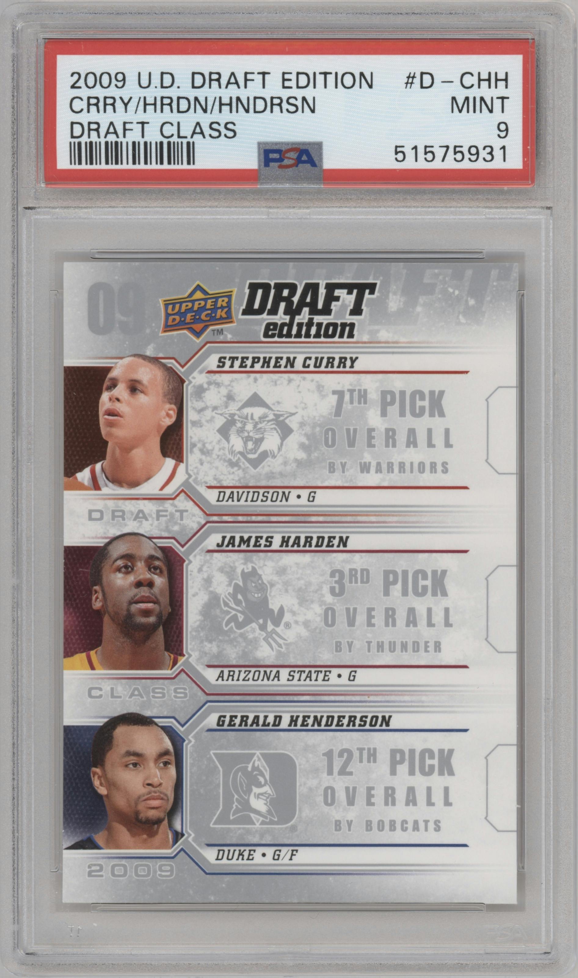 Stephen Curry / James Harden / Gerald Henderson from the 2009-10 UD Draft Edition set graded by PSA and given an overall grade of 9.