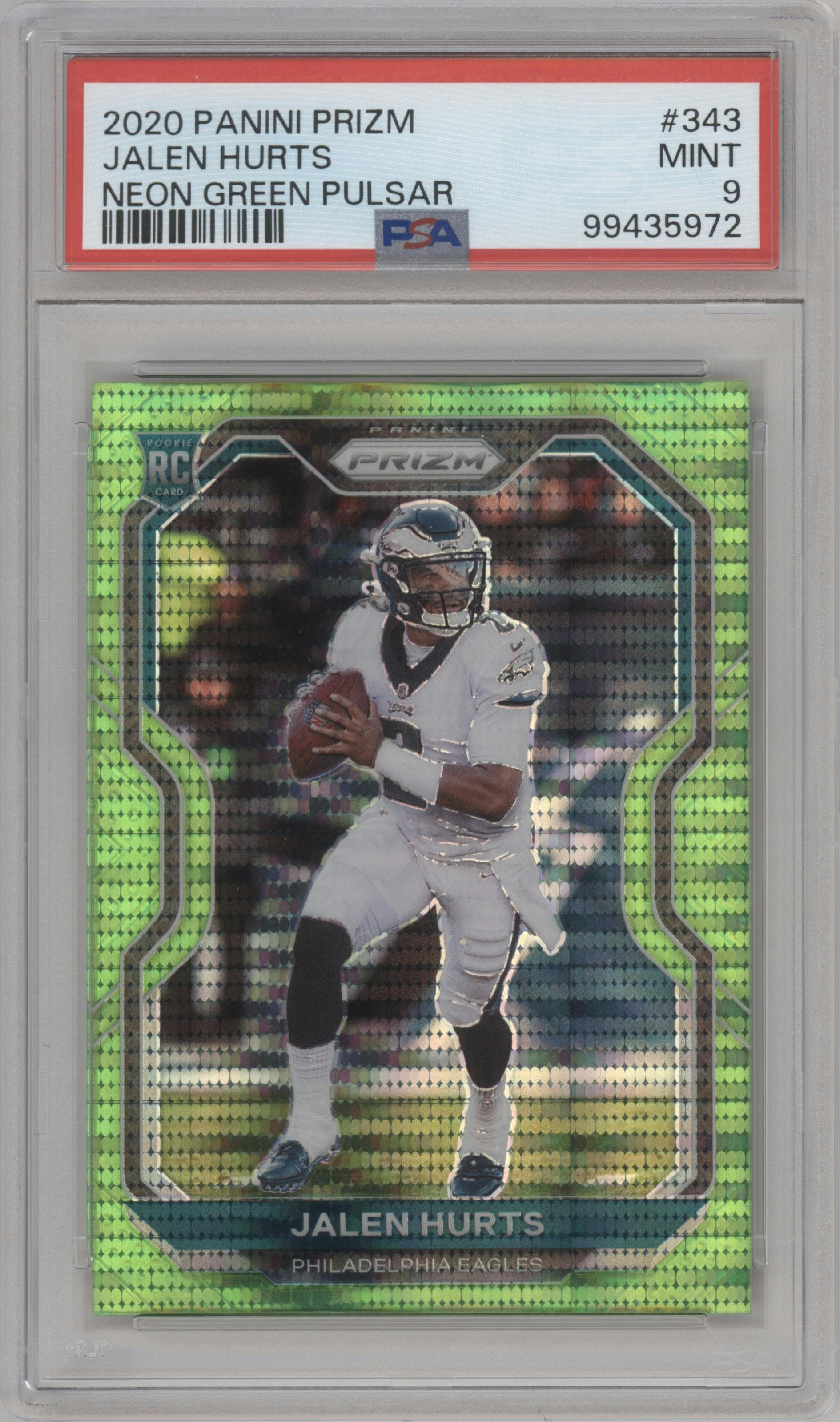 Jalen Hurts from the 2020 Panini Prizm set featuring a Neon Green Pulsar parallel graded by PSA and given an overall grade of 9.