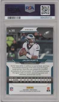 Jalen Hurts from the 2020 Panini Prizm set featuring a Neon Green Pulsar parallel graded by PSA and given an overall grade of 9.