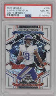 Justin Jefferson from the 2023 Panini Mosaic set featuring a White Sparkle parallel graded by PSA and given an overall grade of 10.