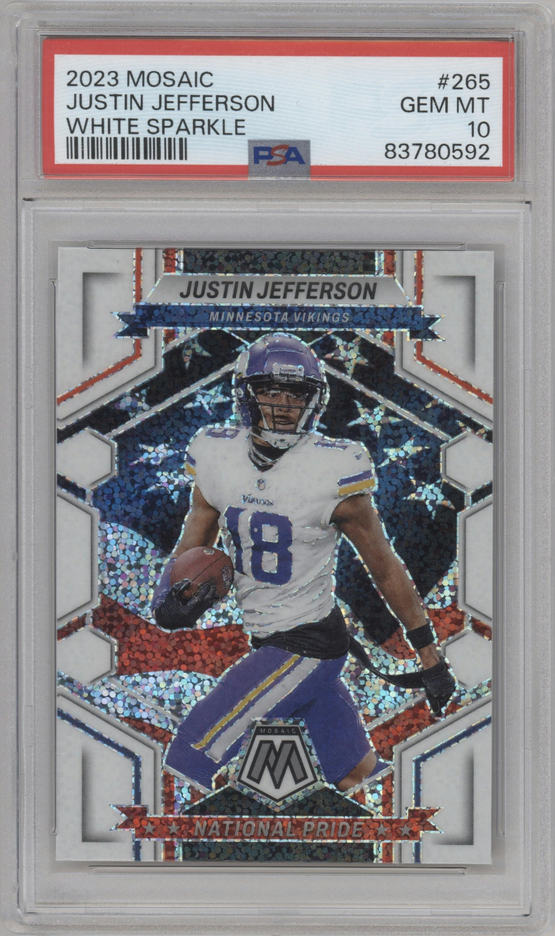 Justin Jefferson from the 2023 Panini Mosaic set featuring a White Sparkle parallel graded by PSA and given an overall grade of 10.